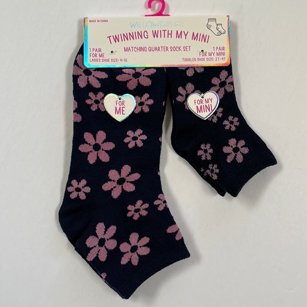 Willow & Ruby Sock Set 1 Adult 1 Child Navy Quarter Sock Blue with Pink Flowers